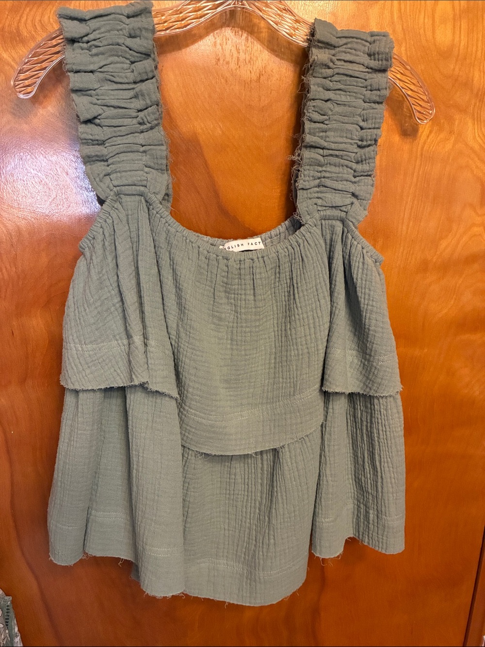 ENGLISH FACTORY. Ruffled Gauze Tank Top in Olive (dark sage). I say a size med.